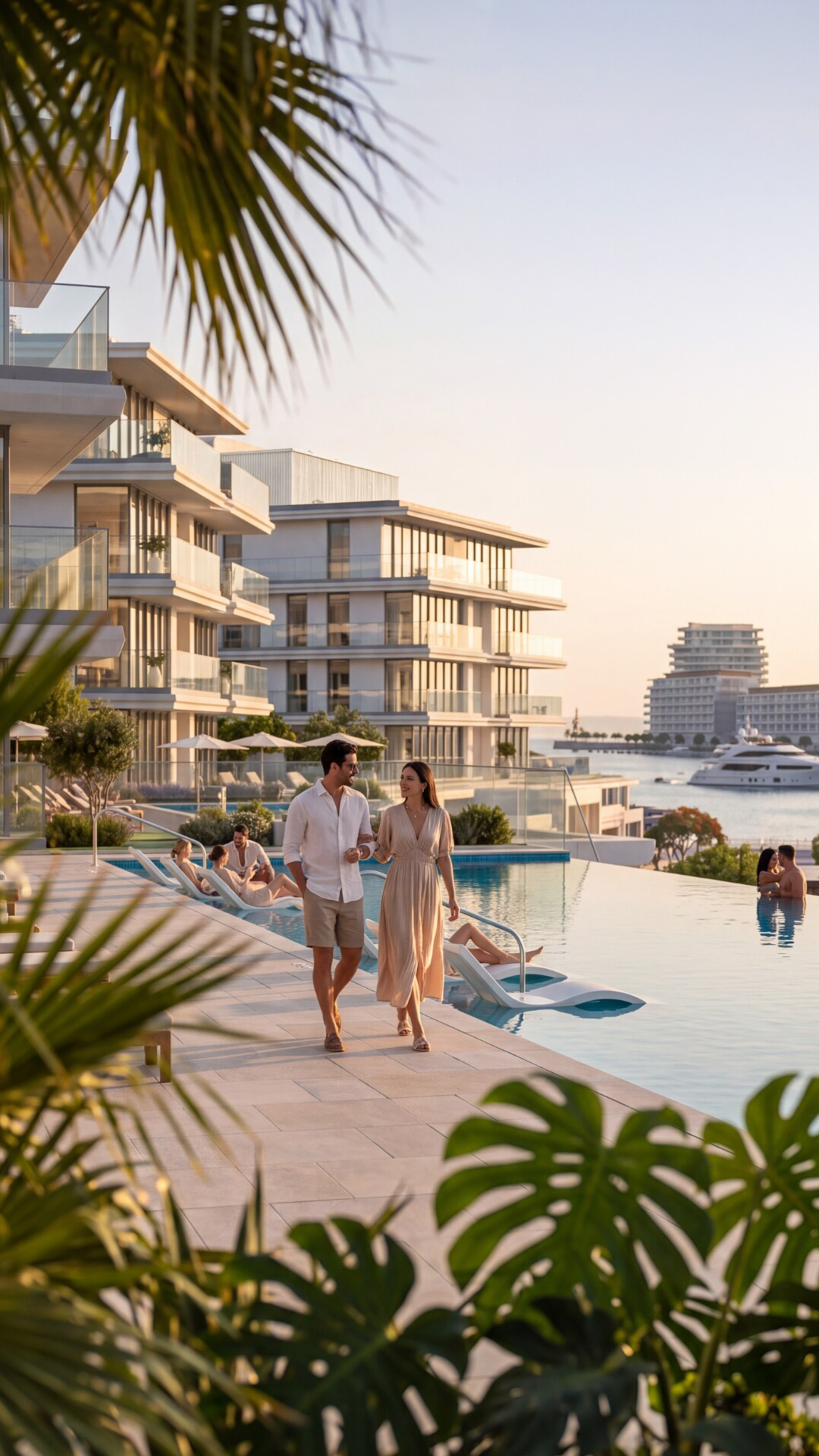Residents walking beside the waterfront pool